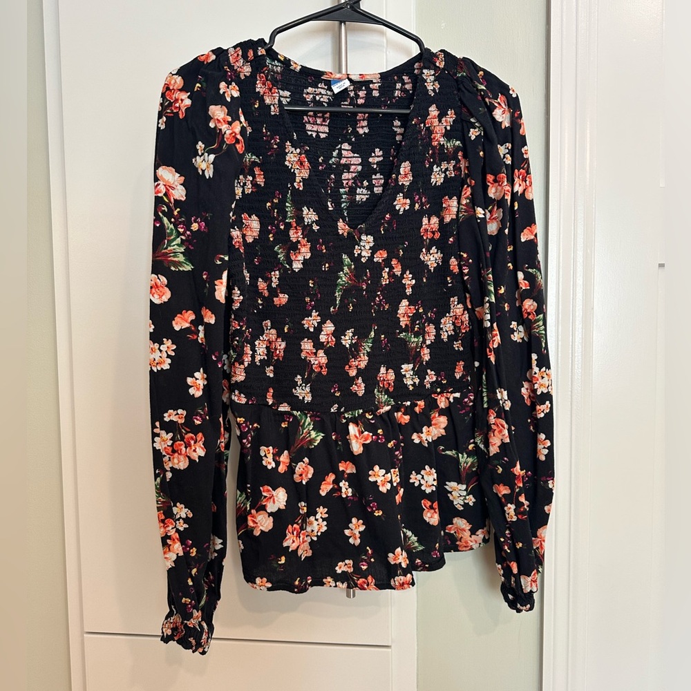 Old Navy Black and Coral Ruffled Peplum Blouse